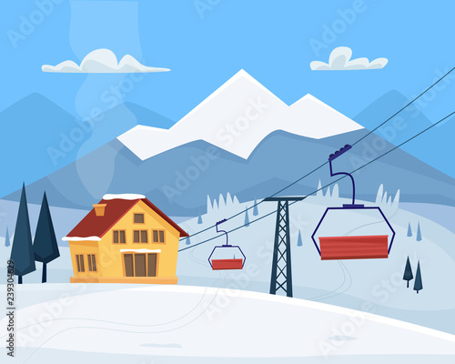 Ski resort with lift, house and winter mountains landscape. Flat cartoon style vector illustration.