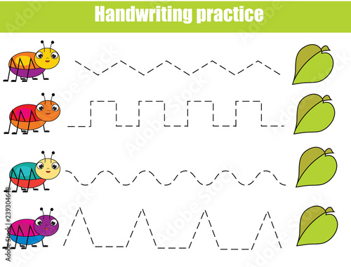 Handwriting practice sheet. Educational children game, printable worksheet for kids with funny bugs