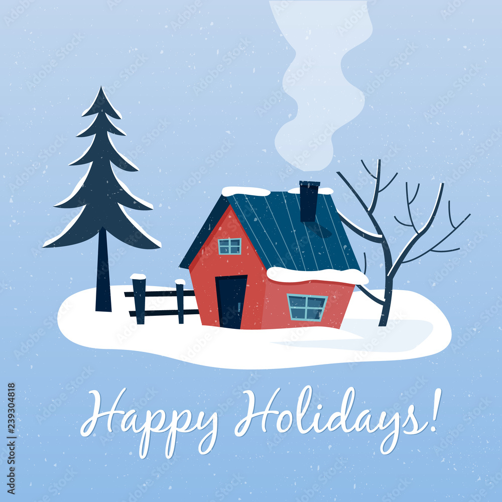 Winter snowy landscape with country house. Happy holidays. Flat cartoon style vector illustration.