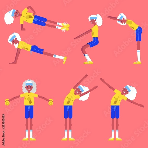 Vector illustration set of aged woman doing sport exercises in flat style - isolated elderly female character in different athletic poses for healthy and active lifestyle at retirement age concept.