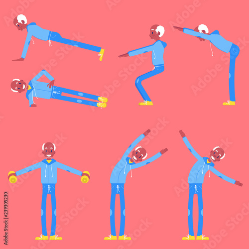 Vector illustration set of senior man doing sport exercises in flat style - isolated gray-haired male character in different athletic poses for healthy and active lifestyle at retirement age concept.