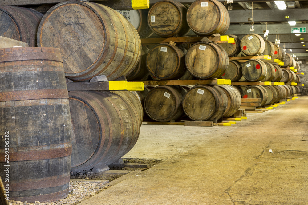 Lafroaig old wooden barrels and casks in cellar at whisky distillery in Scotland
