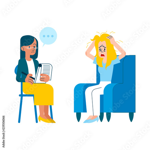 Vector psychotherapy session concept with adult woman mental therapist, psychiatrist asking questions, listening to tired female character with health problem, ruffling hair sitting at armchair