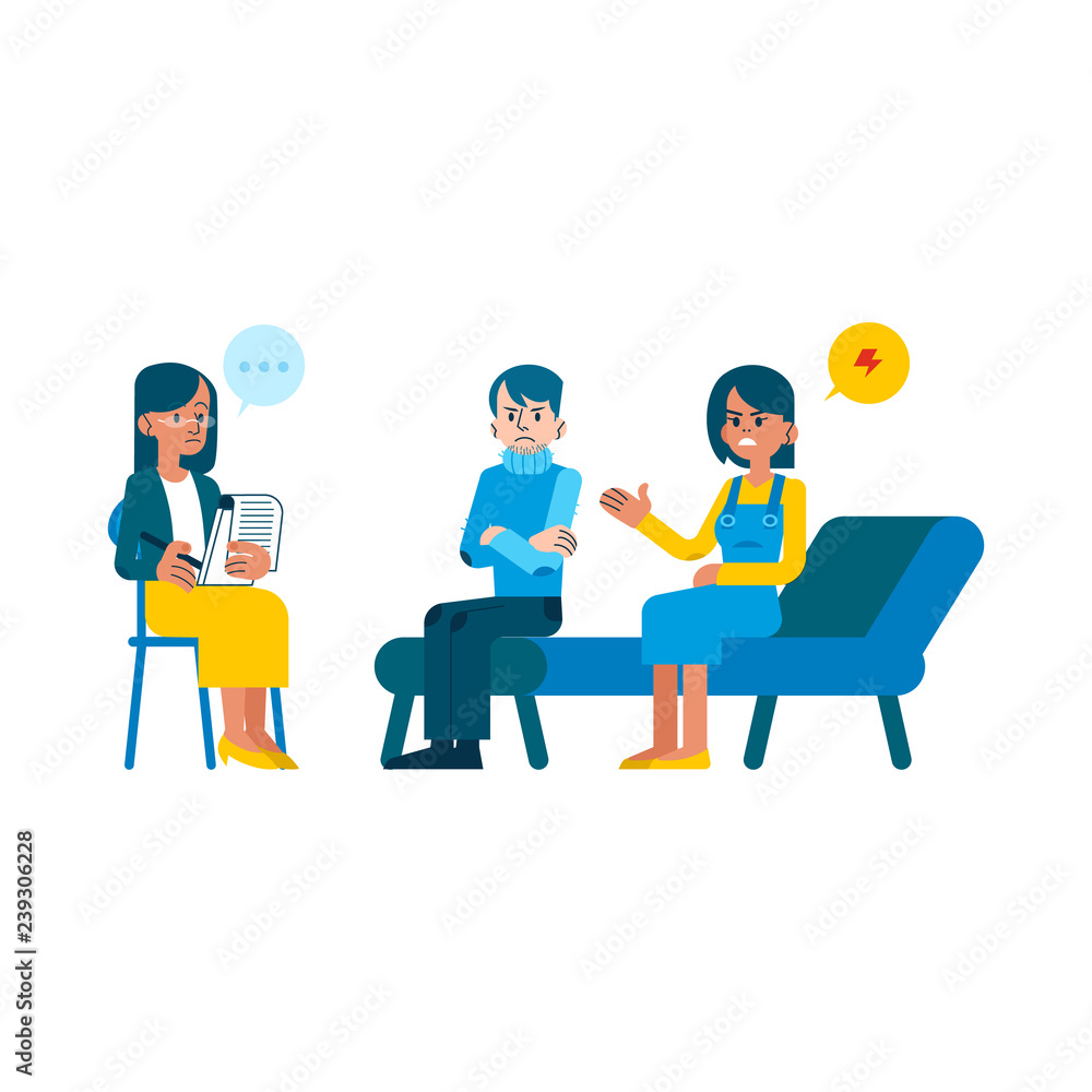 Vector family psychotherapy session concept with adult woman mental therapist, psychiatrist asking questions, listening to angry couple man, woman sitting at couch