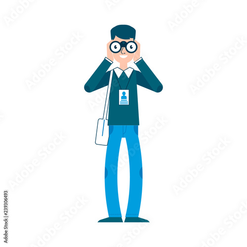 Vector yong man reporter paparazzi looking at binoculars seeking victim for interview or ohoto. Male journalist, television correspondent character illustration