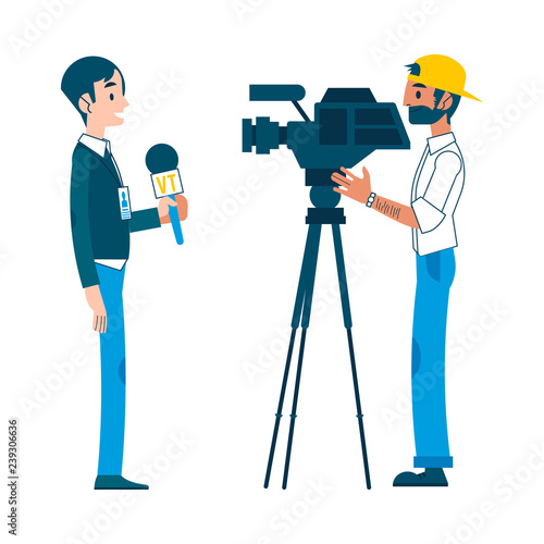 Vector yong man video reporter with beard in cap, man correspondent reporting live on tv camera for interview for breaking news broadcast. Male journalist, television correspondent