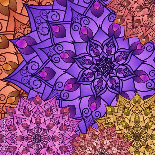 Floral geometric pattern of drawing mandala. Bright decorative multicolored background for your design. For fabric, bandanas, pillowcases with a print. Vector graphics