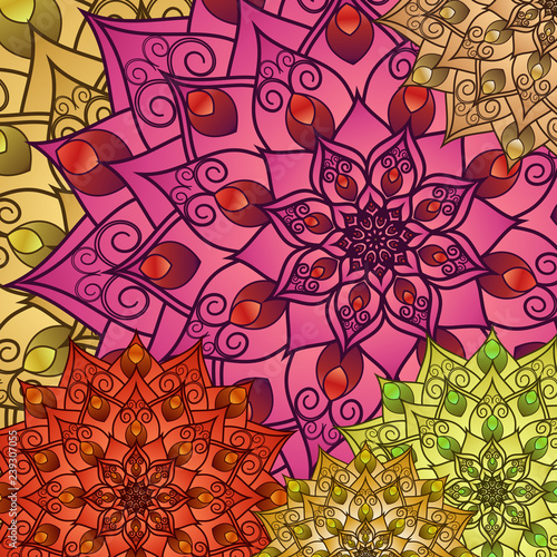 Floral geometric pattern of drawing mandala. Bright decorative multicolored background for your design. For fabric, bandanas, pillowcases with a print. Vector graphics
