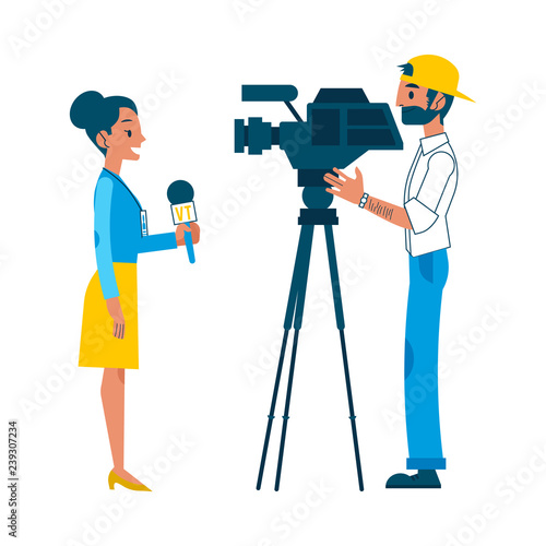 Vector yong man video reporter with beard in cap, woman correspondent reporting live on tv camera for interview for breaking news broadcast. Male, female journalist, television correspondent