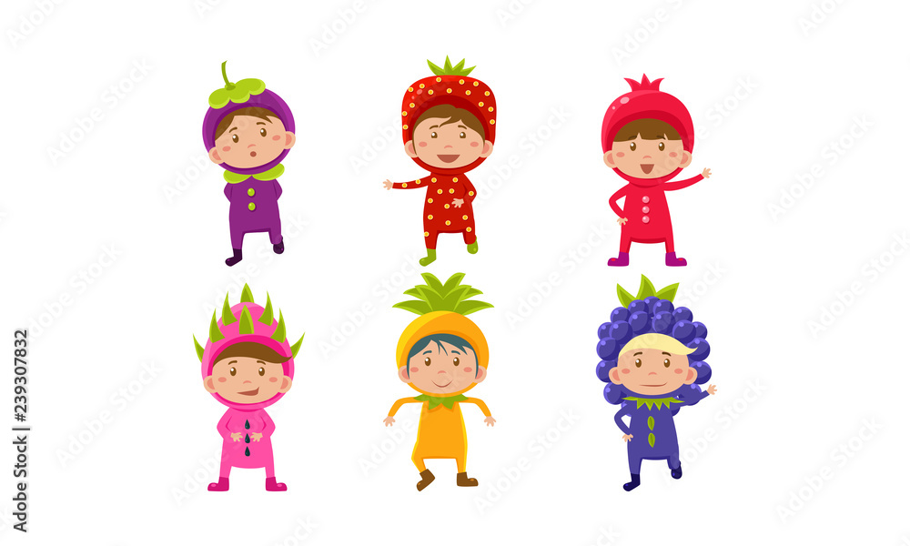 Kids in carnival costumes set, cute little boys and girls wearing fruits and berriess costumes, mangosteen, pomegranate, strawberry, dragon fruit, pineapple, blackberry vector Illustration