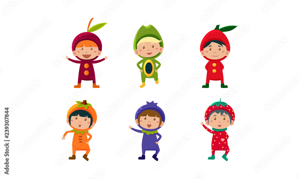 Kids in carnival clothes set, cute little boys and girls wearing fruits and berriess costumes, cherry, orange, blueberry, strawberry, papaya vector Illustration