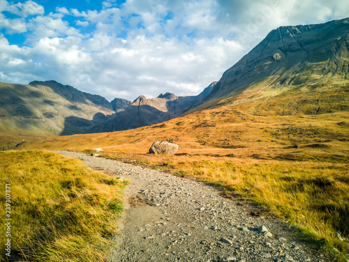 Lonely path to the Fairy Pools in front of the Black Cuillin Mountains on the Isle of Skye - Scotland