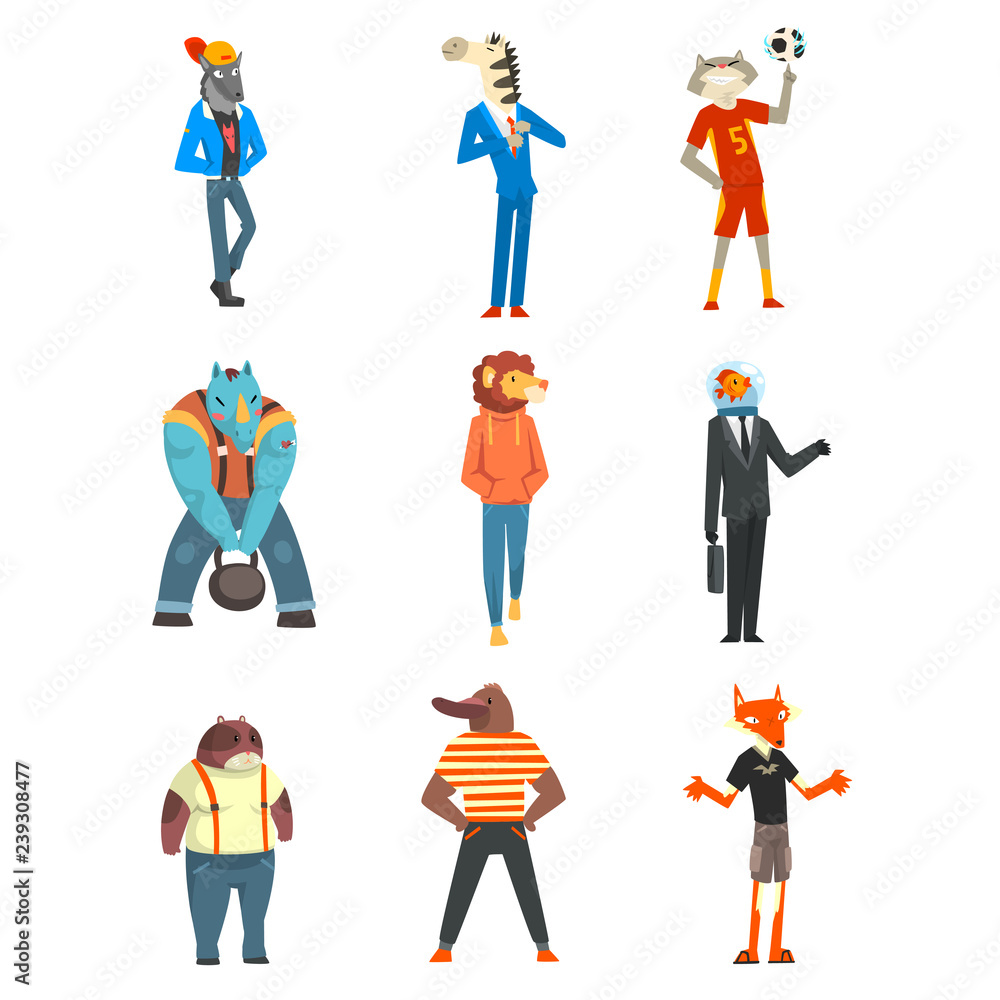 People with animal heads set, wolf, zebra, cat, beaver, rhinoceros, lion, fish, fox characters wearing trendy clothes vector Illustration on a white background