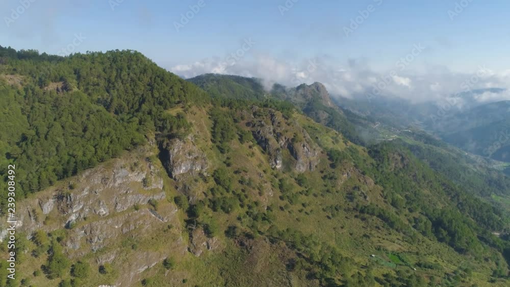 Aerial view of mountains covered forest, trees in clouds. Cordillera region. Luzon, Philippines. Slopes of mountains with evergreen vegetation. Mountainous tropical landscape. Aerial view of mountains covered forest, trees in clouds. Cordillera region. Luzon, Philippines. Slopes of mountains with evergreen vegetation. Mountainous tropical landscape.