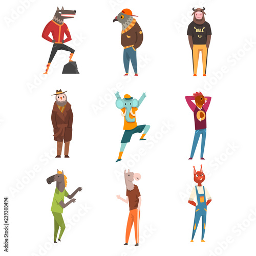 People with animal heads set, wolf, eagle, owl, fox, cock, elephant, horse, bull characters wearing trendy clothes vector Illustration on a white background