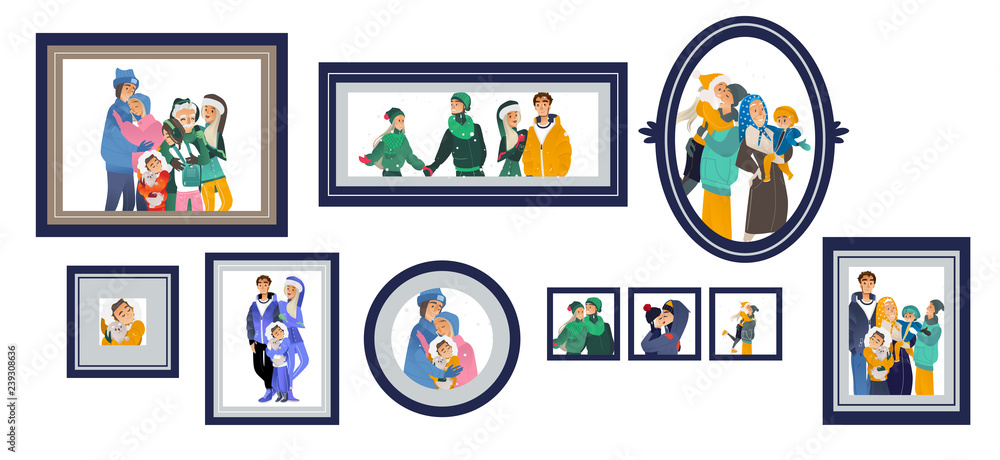 Vector cartoon big family hugging at winter outdoor clothing standing together. Adult couple, senior parents, grandmother and grandfather, boy and girl teen kids, small baby happy characters in frames Vector cartoon big family hugging at winter outdoor clothing standing together. Adult couple, senior parents, grandmother and grandfather, boy and girl teen kids, small baby happy characters in frames