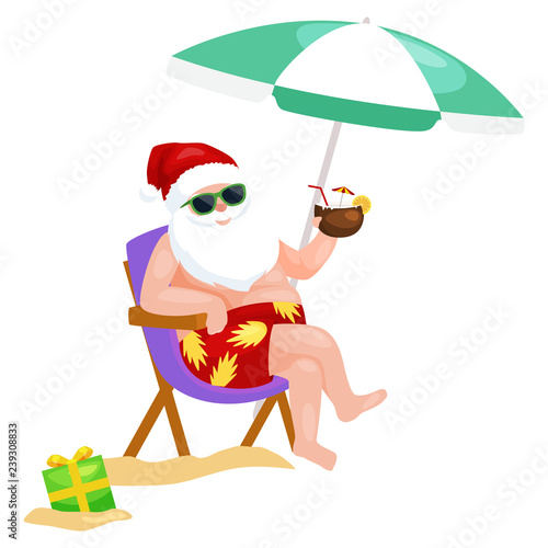 Cartoon santa claus in swimsuit sitting in chair with tasty cocktail