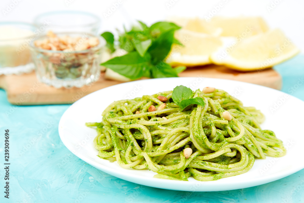 Italian pasta spaghetti with homemade basil pesto