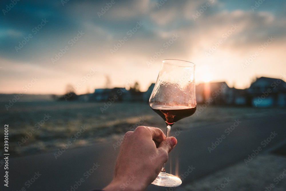 Point-of-View-Shot of a hand holding a glass of red wine into the sun