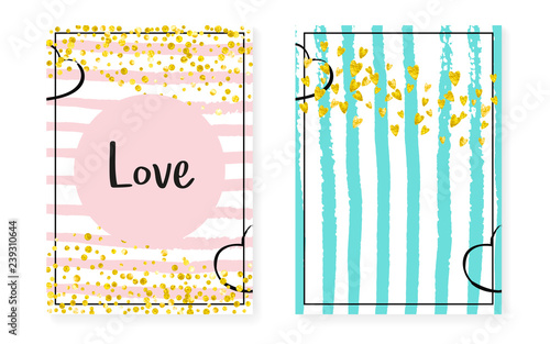 Wedding set with dots and sequins. Bridal shower invitation card with gold glitter confetti.