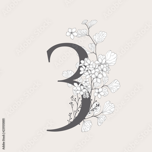 Vector Blooming Floral Number 3 Monogram and Logo