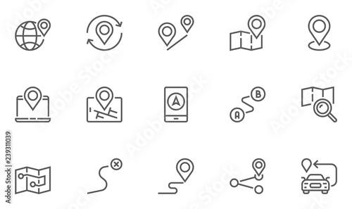 Navigation, Location and Map Line Vector Icons Set. Contains Map with a Pin, Route map, Navigator, Direction and more. Editable Stroke. 48x48 Pixel Perfect.