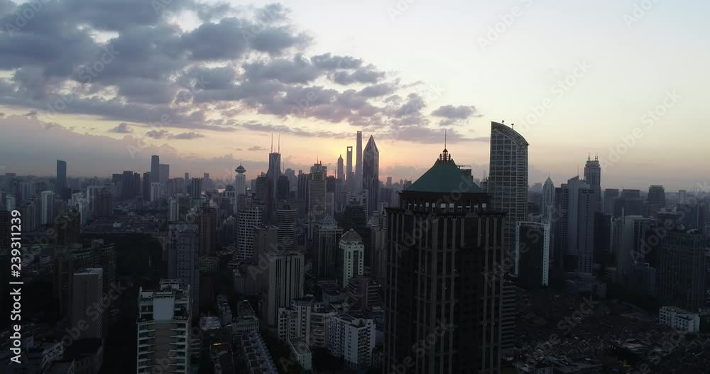aerial view of West Nanjing Road, Jing`an district, shanghai city in dawn aerial view of West Nanjing Road, Jing`an district, shanghai city in dawn