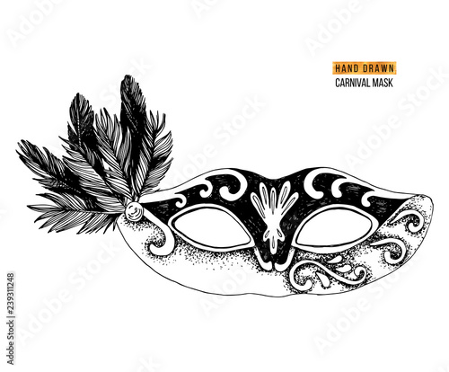 Hand drawn Venetian carnival mask with feathers