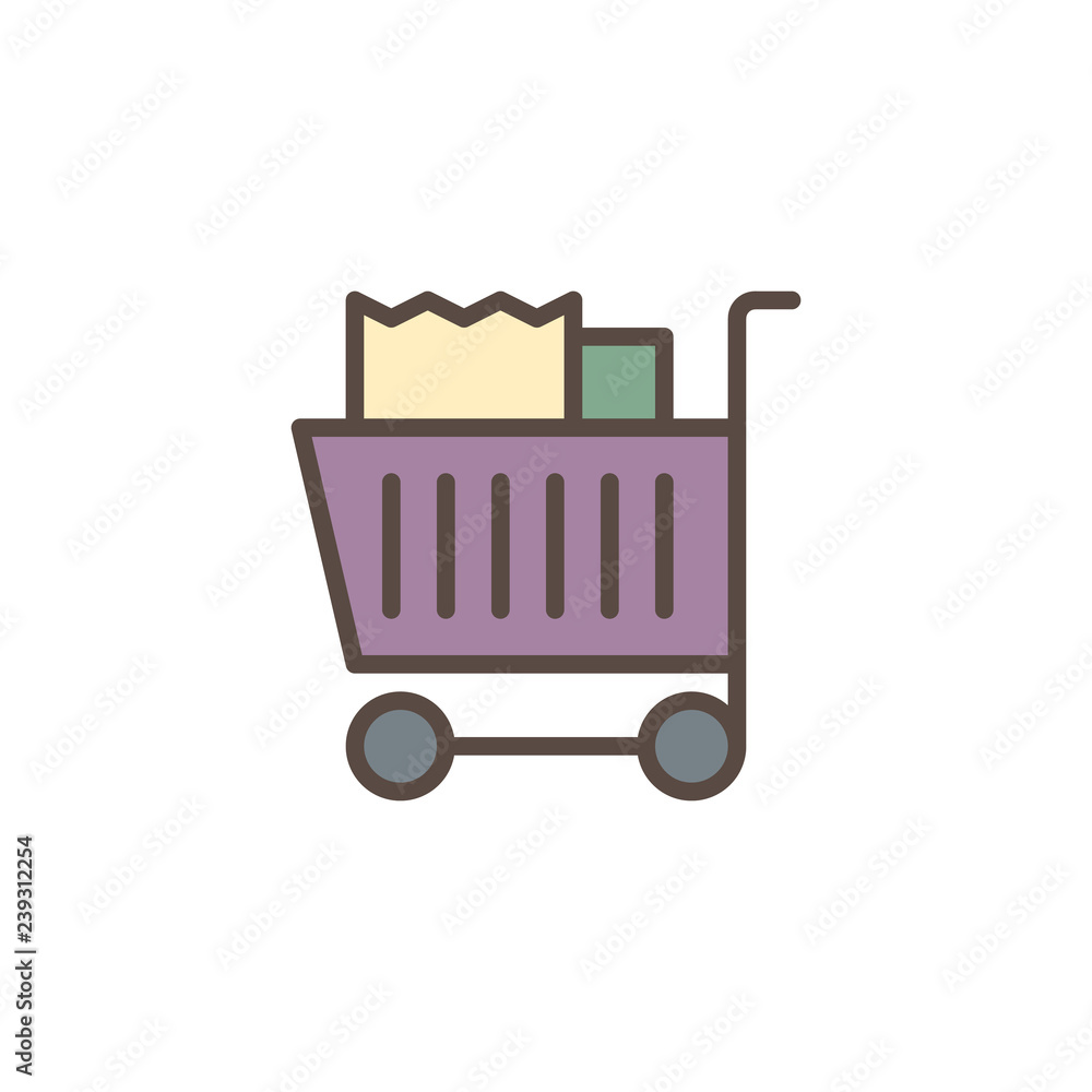 Grocery trolley cart filled outline icon, line vector sign, linear colorful pictogram isolated on white. Shopping cart with paper bags symbol, logo illustration. Pixel perfect vector graphics Grocery trolley cart filled outline icon, line vector sign, linear colorful pictogram isolated on white. Shopping cart with paper bags symbol, logo illustration. Pixel perfect vector graphics