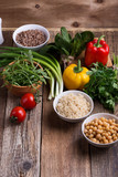 Selection of fresh  vegetables and cooked cereal, grains and legume