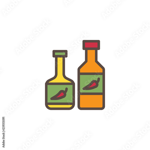Chilli pepper bottles filled outline icon, line vector sign, linear colorful pictogram isolated on white. Hot Ketchup bottle symbol, logo illustration. Pixel perfect vector graphics