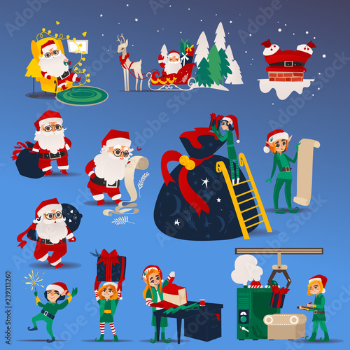 Vector illustration set of Christmas and New Year scenes with Santa Claus and elf preparing for winter holiday in cartoon style isolated on blue background. Traditional symbols for xmas design.