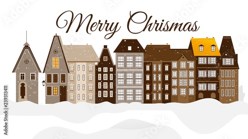 Vector merry christmas greeting card, poster design with urban snowy city at winter with modern buildings in snow. Xmas celebration decoration with architecture cityscape background
