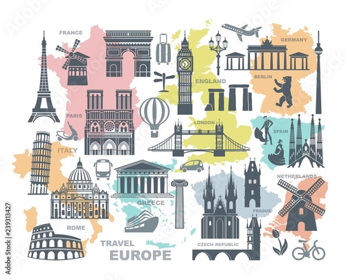 Collection of Europe detailed silhouettes. Set Travel Landmarks. vector illustration