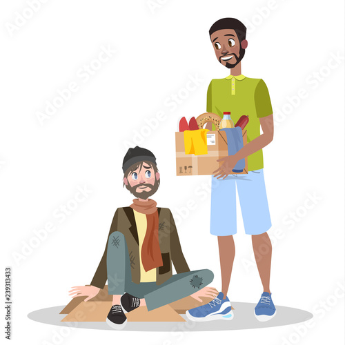 Volunteer help homeless man. Idea of charity