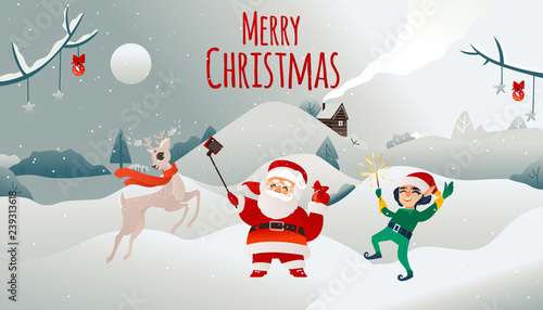 Vector merry christmas holiday poster. Cheerful santa claus in traditional red white clothing, hat doing selfie with elf assistant in green cosume near reindeer in scarf on winter snow background.