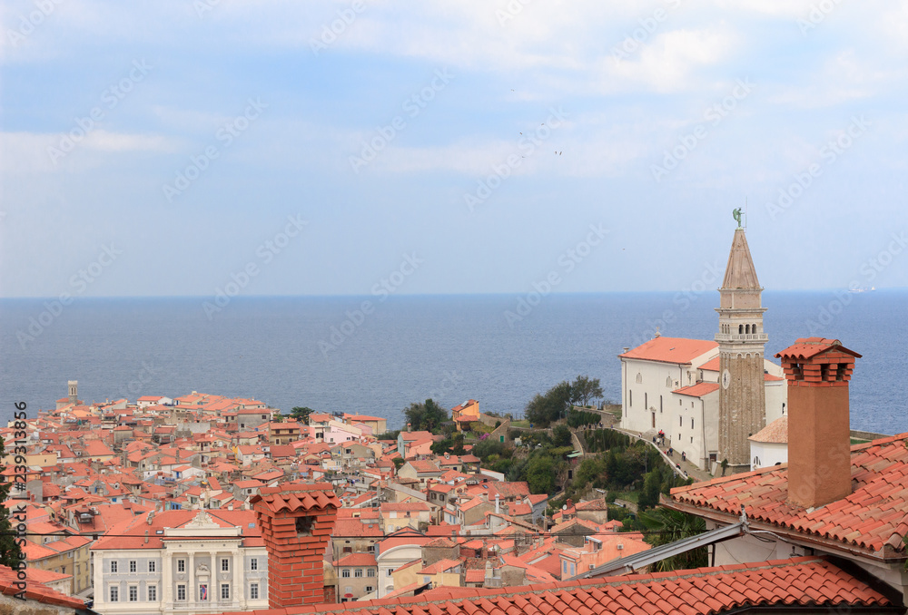 Adriatic Sea and Picturesque Old Town of Piran, Slovenia. Aerial View.