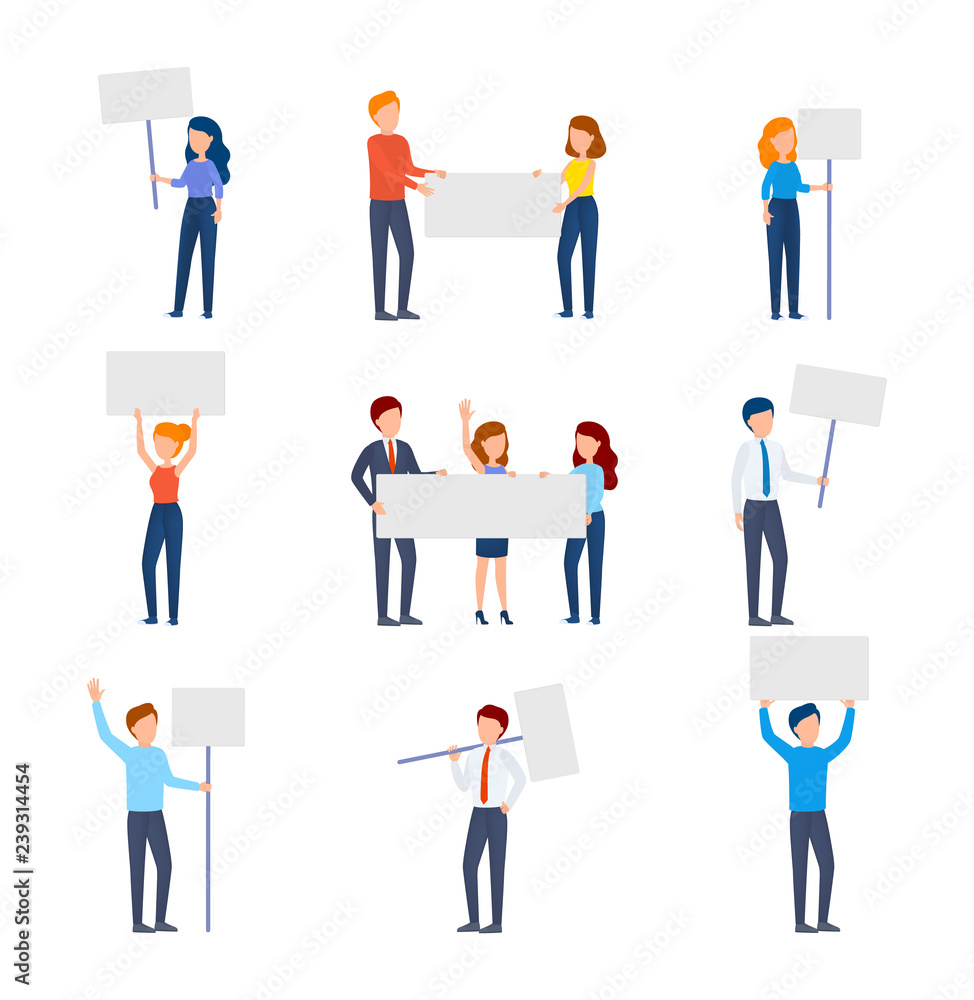 People with banner on demonstration. Set of person People with banner on demonstration. Set of person