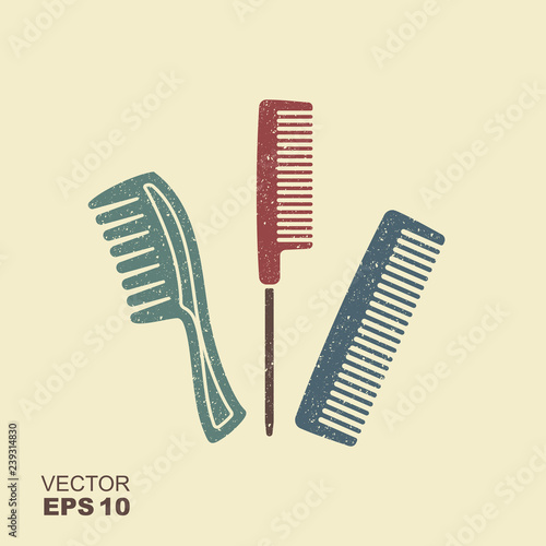 Set of different combs. Flat icon with scuffed effect in a separate layer