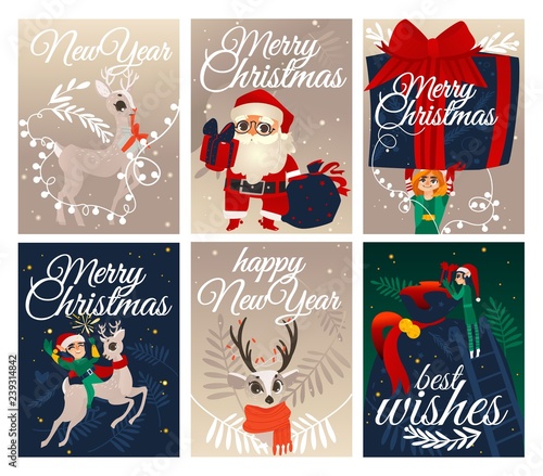 Vector illustration set of Christmas and New Year congratulation cards with traditional winter holiday symbols - Santa Claus, elf and reindeer for festive greeting design in flat cartoon style.
