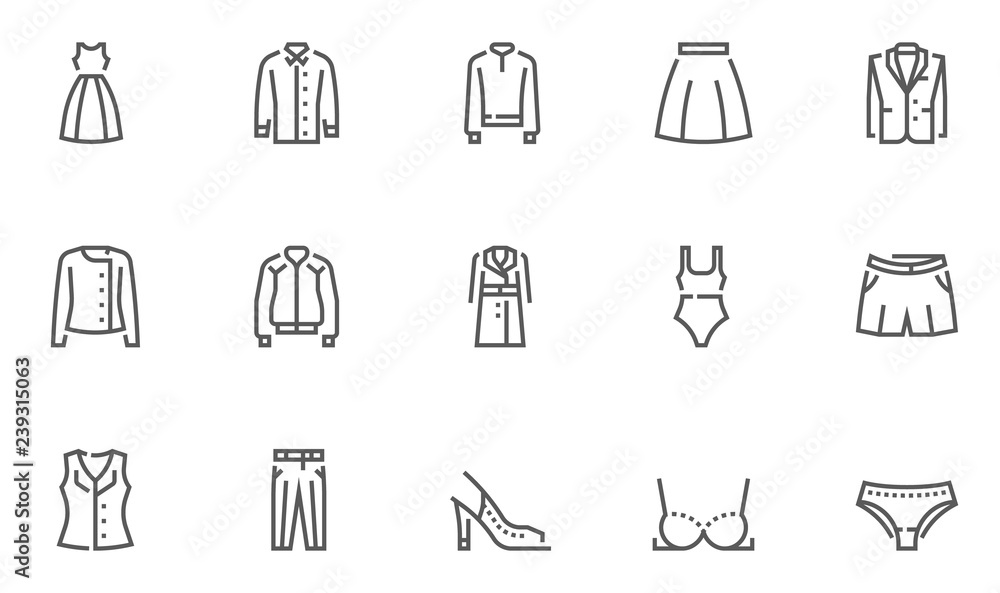 Fashion and Clothes Vector Line Icons Set. Shopping, Outerwear, Underwear, Dress, Jacket, Coat. Editable Stroke. 48x48 Pixel Perfect. Fashion and Clothes Vector Line Icons Set. Shopping, Outerwear, Underwear, Dress, Jacket, Coat. Editable Stroke. 48x48 Pixel Perfect.