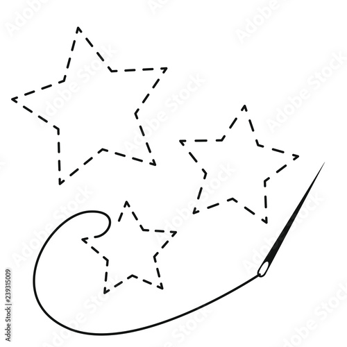 Silhouettes of three stars with interrupted contour. Vector illustration of handmade work with embroidery thread and needle on white background.