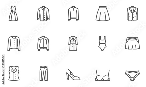Fashion and Clothes Vector Line Icons Set. Shopping, Outerwear, Underwear, Dress, Jacket, Coat. Editable Stroke. 48x48 Pixel Perfect.