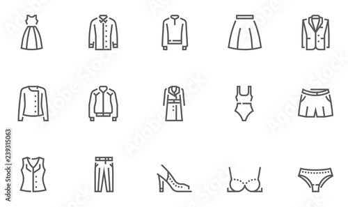 Fashion and Clothes Vector Line Icons Set. Shopping, Outerwear, Underwear, Dress, Jacket, Coat. Editable Stroke. 48x48 Pixel Perfect.