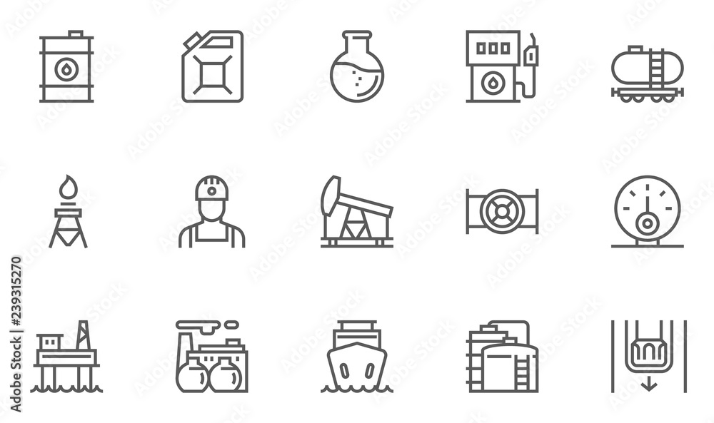 Oil and Petrol Industry Vector Line Icons Set. Gas Station, Oil Factory, Gas Carrier, Oil Well. Editable Stroke. 48x48 Pixel Perfect.