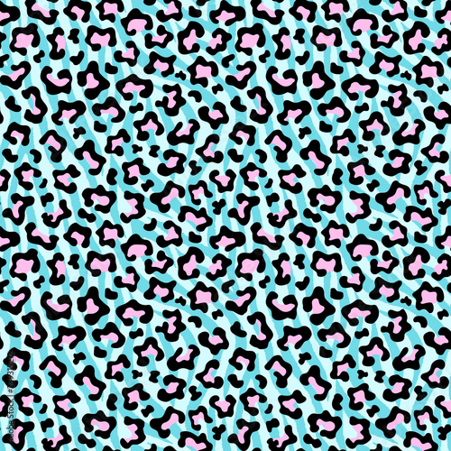 Exotic leopard fur texture seamless pattern. Animal print. Minty green and pink vector background. 
