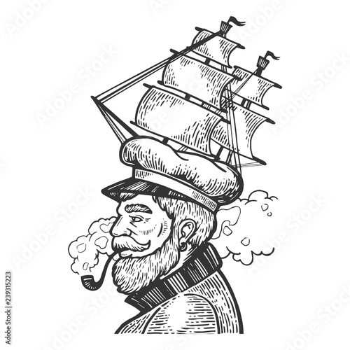 Captain man with sailing ship hat and smoking pipe engraving vector illustration. Scratch board style imitation. Black and white hand drawn image.