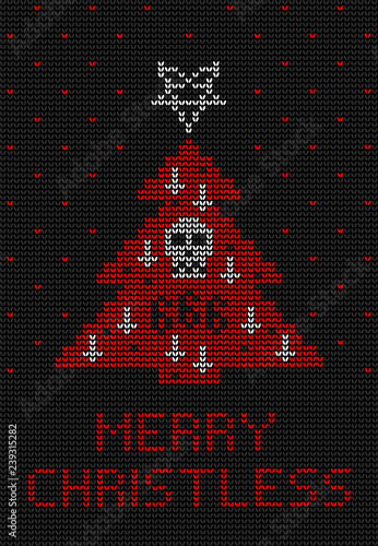Ugly sweater knitted  background in black, red and white colors. Christmas tree decorated with a pentagram, inverted crosses and a skull.