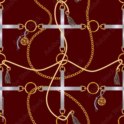 Seamless pattern with belts, chain and braid for fabric design. Vector.