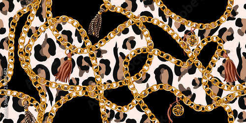 Trendy seamless pattern with gold chains on  leopard skin. Vector.